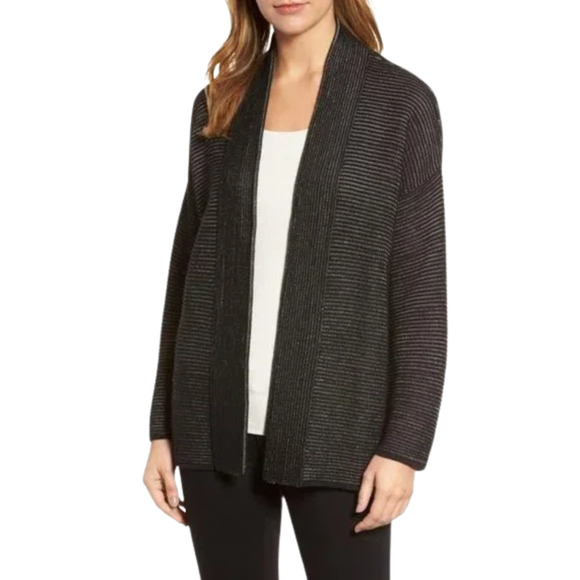 EILEEN FISHER Black White Knit Ribbed Ottoman Cardigan Silk Linen Women's Large - Picture 1 of 5